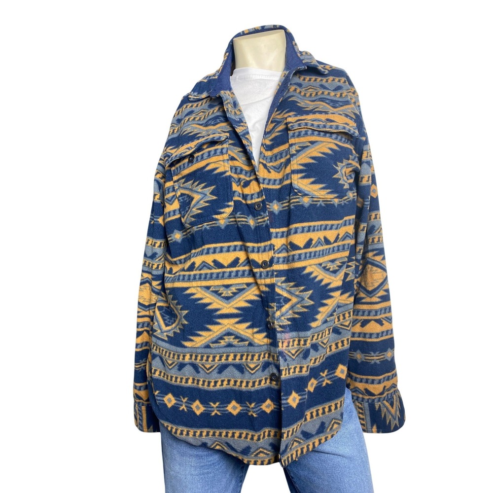 George Mens Fleece‎ Shacket Aztec Southwestern Print Blue Yellow Large L 42-44